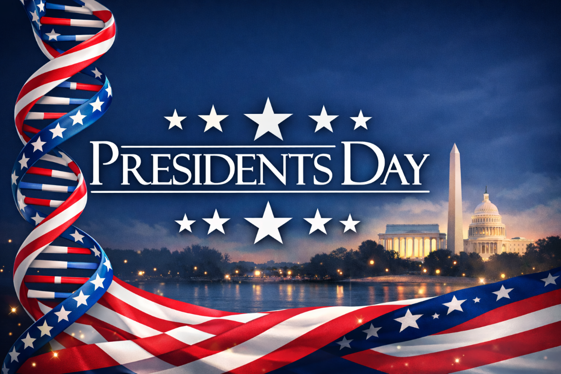 Blue Presidents Day image showing a DNA strand styled like the U.S. flag and the Washington D.C. skyline.