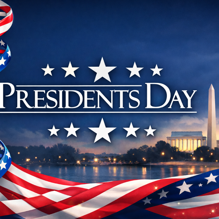 Blue Presidents Day image showing a DNA strand styled like the U.S. flag and the Washington D.C. skyline.