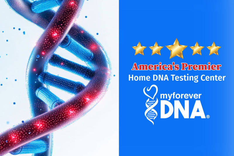 Illustration of a DNA double helix with vibrant blue and red glowing effects on the left and a blue background on the right featuring a 5-star graphic, text reading 'America's Premier Home DNA Testing Center,' and the My Forever DNA logo