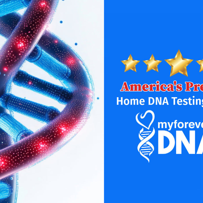 Illustration of a DNA double helix with vibrant blue and red glowing effects on the left and a blue background on the right featuring a 5-star graphic, text reading 'America's Premier Home DNA Testing Center,' and the My Forever DNA logo