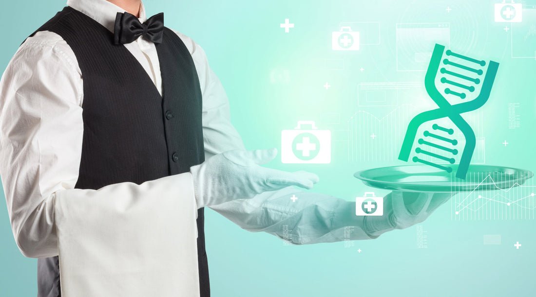 A formal server in a black vest and white gloves holds a tray with a green DNA strand illustration. The background features medical icons, and the "My Forever DNA" logo in corner 