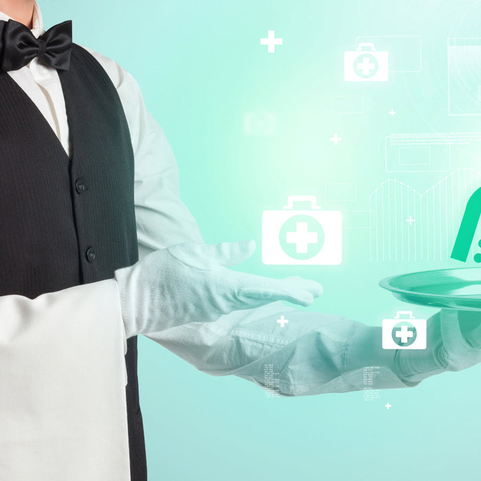 A formal server in a black vest and white gloves holds a tray with a green DNA strand illustration. The background features medical icons, and the "My Forever DNA" logo in corner 