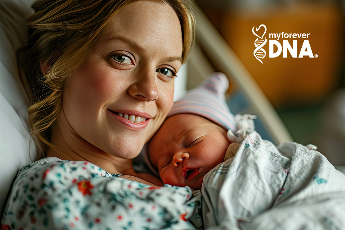  A smiling mother holding her newborn baby wrapped in a blanket, symbolizing love, comfort, and the importance of maternity DNA testing for peace of mind.