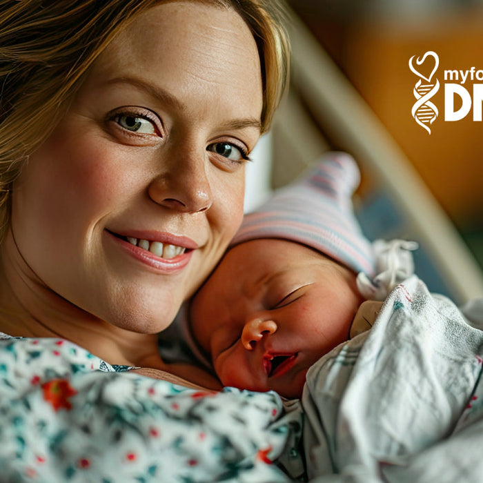 A smiling mother holding her newborn baby wrapped in a blanket, symbolizing love, comfort, and the importance of maternity DNA testing for peace of mind.