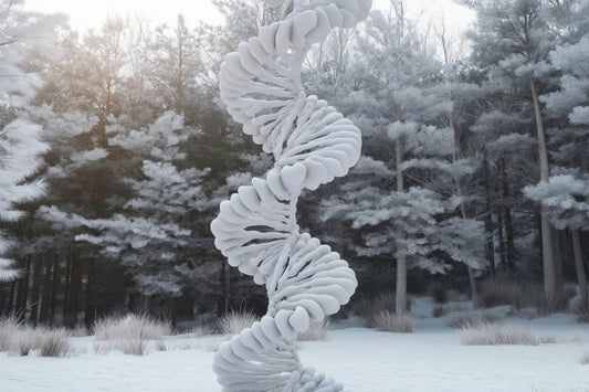 A 3D-rendered DNA double helix sculpture standing in a snowy forest landscape, symbolizing the study of how cold weather affects DNA.