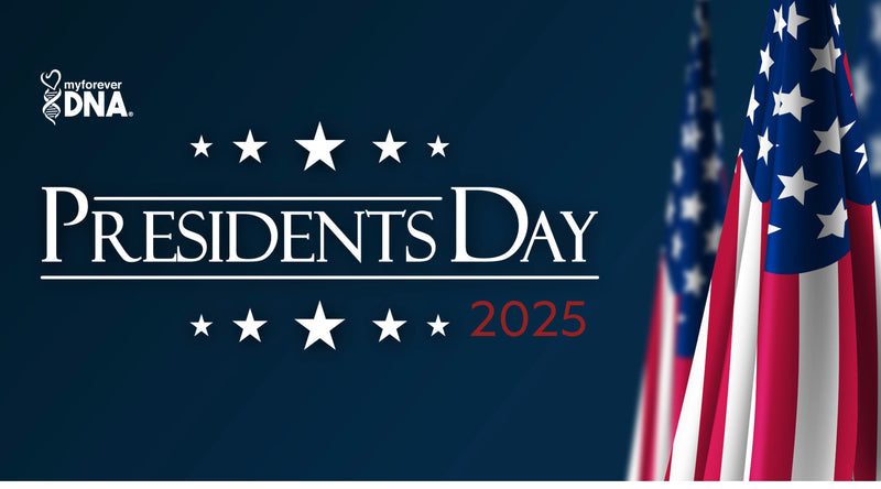 Presidents Day 2025 by My Forever DNA, dark blue background with the event name in elegant white and red text, American flags on the right side.