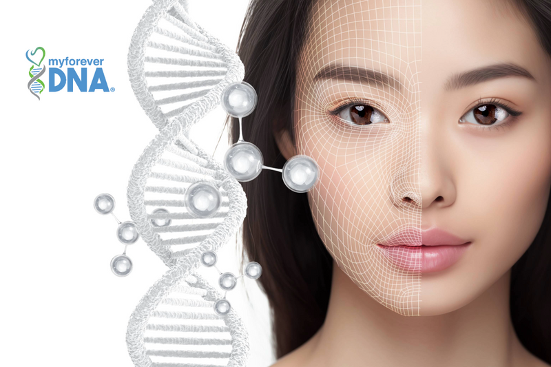 Half-portrait of a woman with youthful skin and a DNA helix, highlighting My Forever DNA's expertise in genetic testing and aging insights