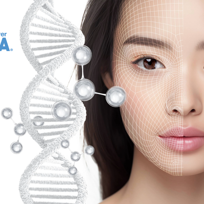 Half-portrait of a woman with youthful skin and a DNA helix, highlighting My Forever DNA's expertise in genetic testing and aging insights
