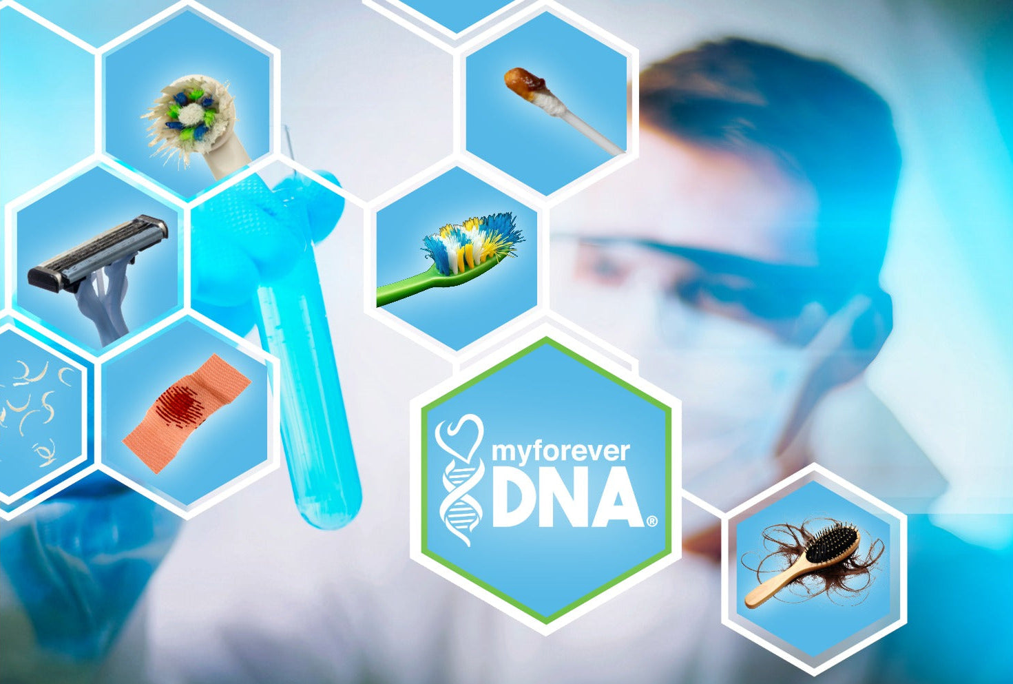 Icons of toothbrush, razor, nails, hair, bandage, and swab as alternative DNA samples.