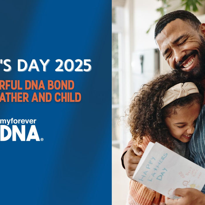Father and daughter hugging joyfully in a kitchen while holding a handmade Happy Father’s Day card, symbolizing the emotional and biological bond confirmed through home paternity DNA testing by My Forever DNA.