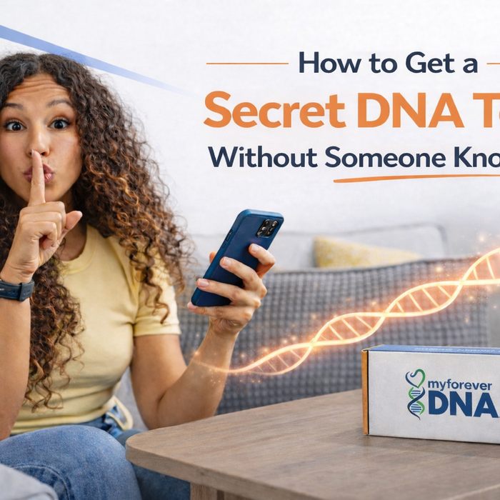 Woman holding phone with finger over lips signaling secrecy while sitting near a My Forever DNA test kit box and glowing DNA strand on a table