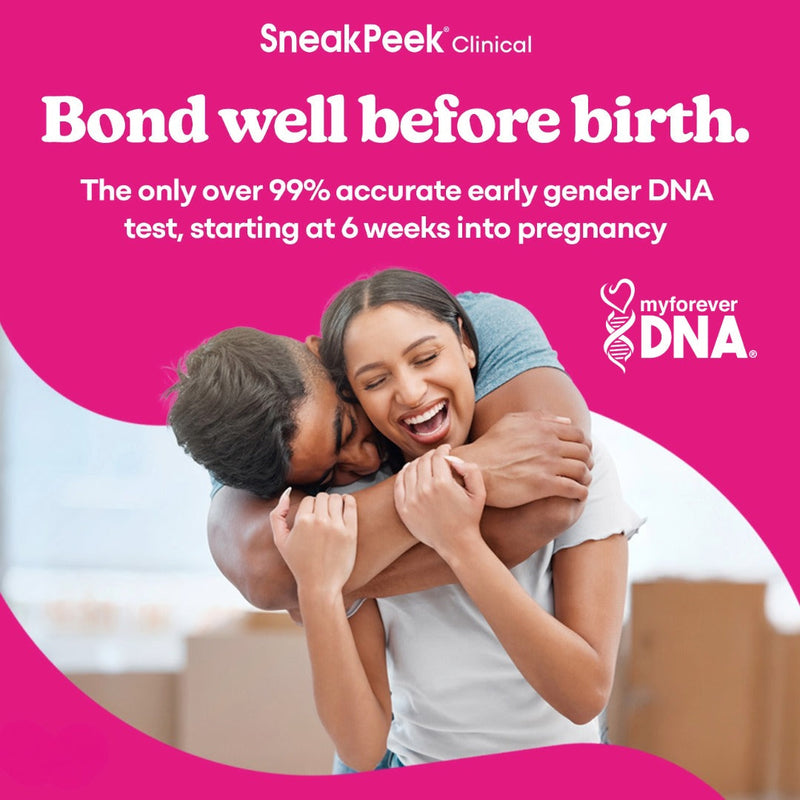 Couple hugging with SneakPeek Clinical ad for 99% accurate early gender DNA test.