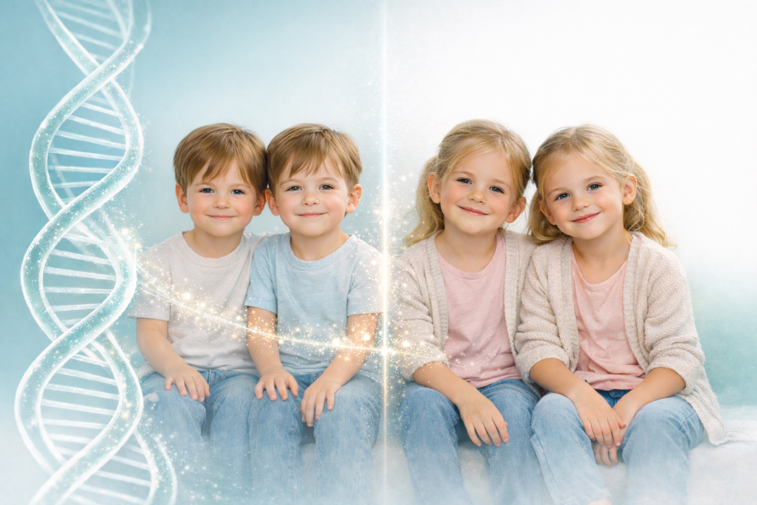 Identical and fraternal twins comparison with DNA strand illustration showing genetic differences in twin zygosity testing