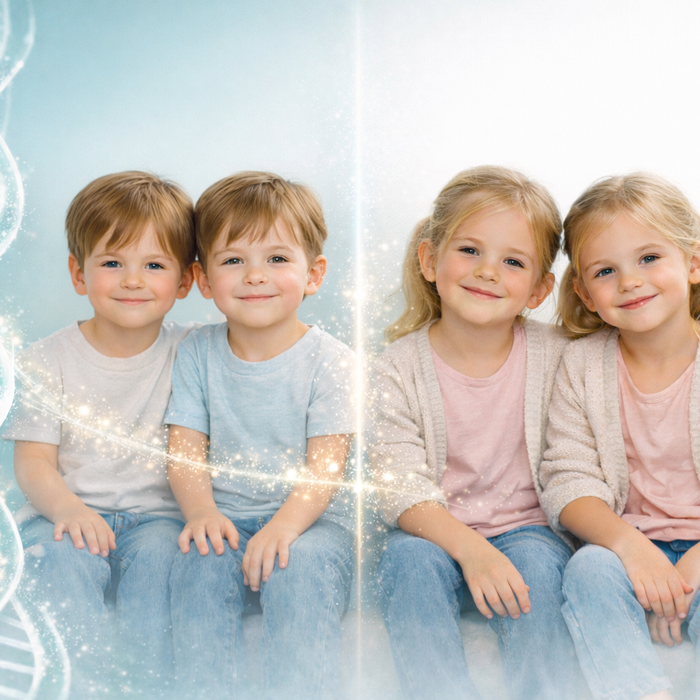 Identical and fraternal twins comparison with DNA strand illustration showing genetic differences in twin zygosity testing