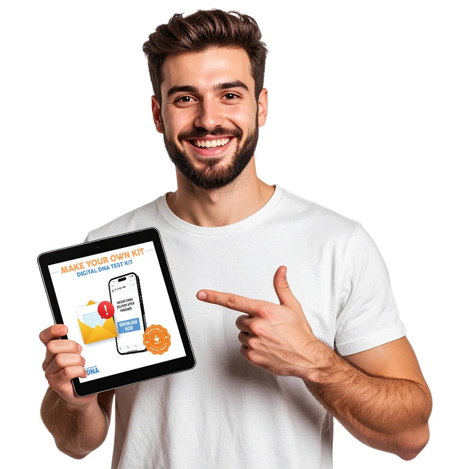 Smiling man in a white t-shirt holding a tablet displaying the My Forever DNA “Make Your Own Kit” Digital DNA Test Kit. The screen shows instant email delivery messaging and a printable product badge.