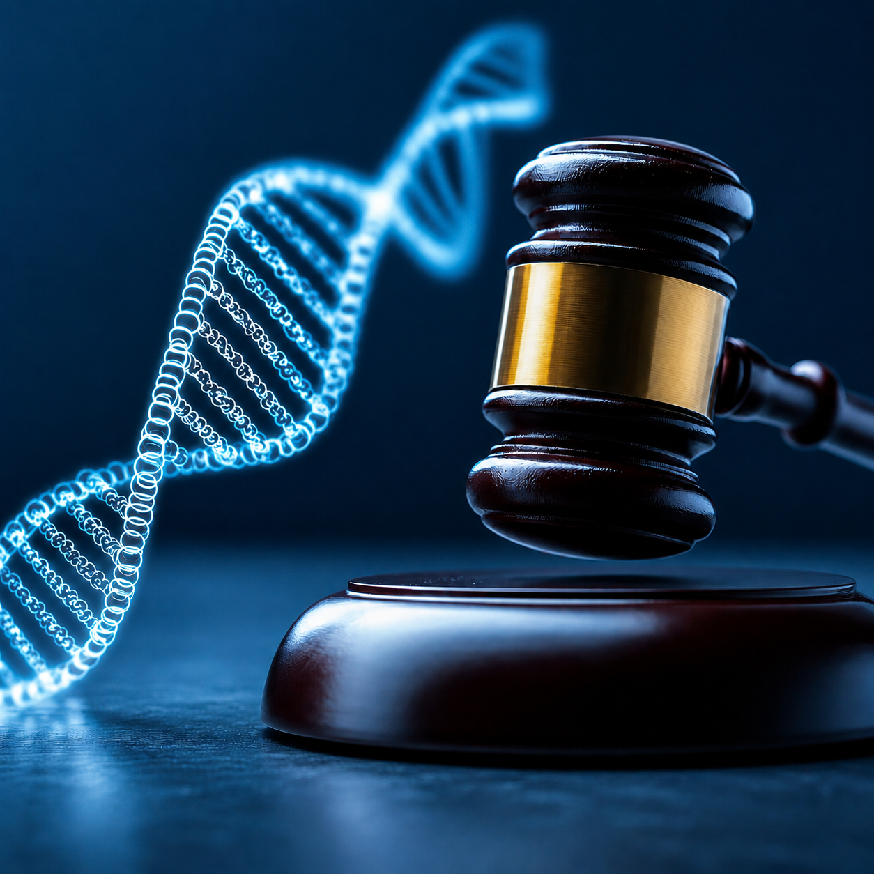 Legal DNA testing with gavel and DNA strand representing court-admissible genetic testing services from My Forever DNA in Omaha.