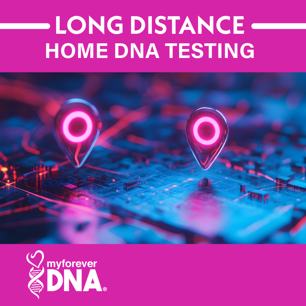 Long Distance Home DNA Testing highlighted by glowing map pins on a circuit board, symbolizing advanced technology by My Forever DNA.