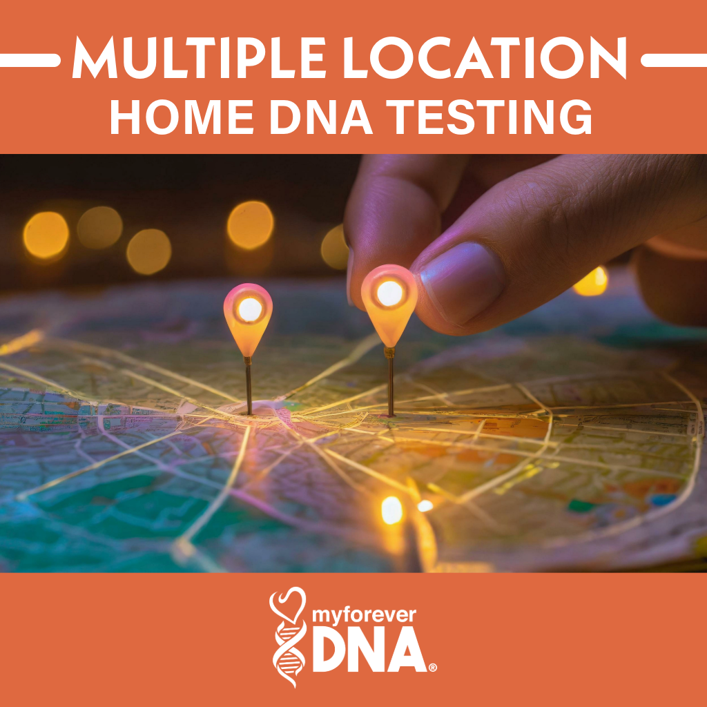 Explore My Forever DNA's Multiple Location Home DNA Testing with a visual of fingers pinpointing locations on a map, emphasizing global accessibility.