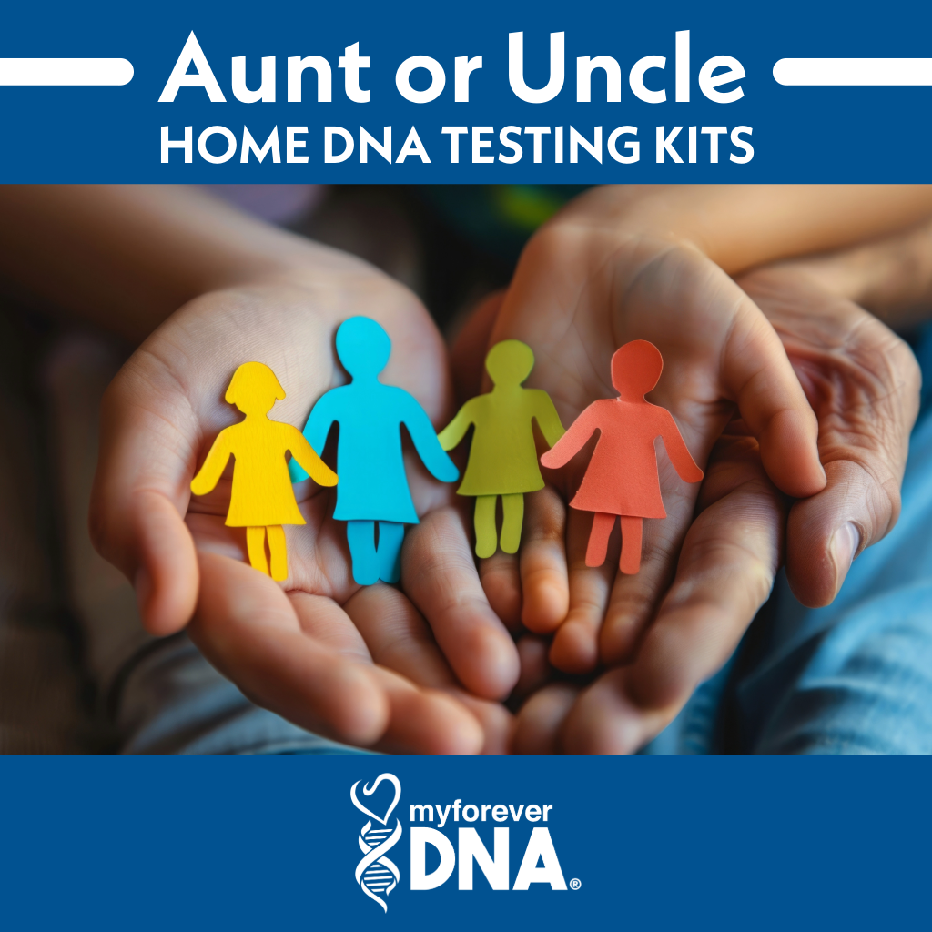 Hands holding colorful paper figures of a family, symbolizing Aunt or Uncle Home DNA Testing Kits by My Forever DNA.