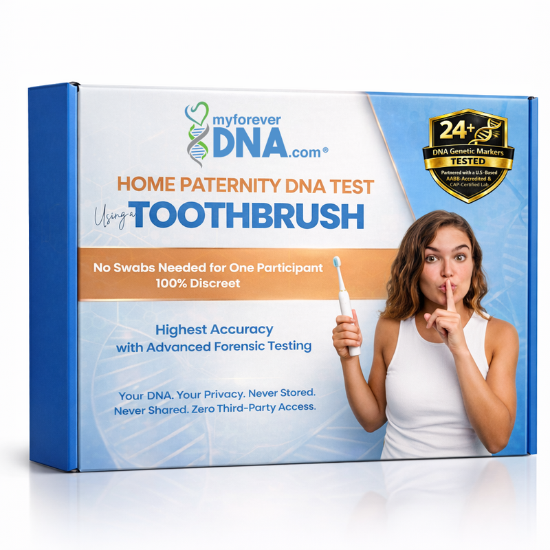 Home Paternity DNA Test Kit using toothbrush for discreet DNA collection, premium blue packaging with high accuracy forensic testing and privacy-focused messaging, My Forever DNA