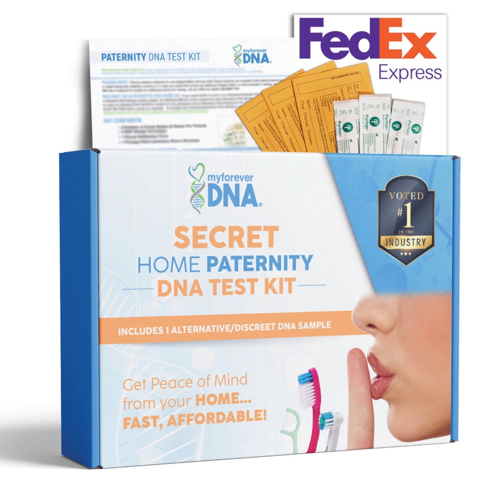 My Forever DNA alternative-sample at-home paternity DNA test kit with collection materials and prepaid FedEx return packaging