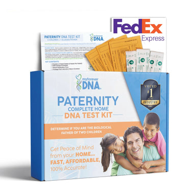 My Forever DNA at-home paternity DNA test kit for one alleged father and two children with cheek swabs, sample envelopes, and FedEx Express shipping