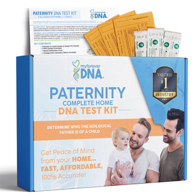 Paternity DNA test kit with packaging and components on a white background