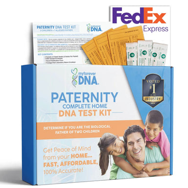 My Forever DNA At Home Paternity DNA Test Kit for 1 father and 2 children with cheek swabs, DNA sample envelopes, and FedEx return materials.
