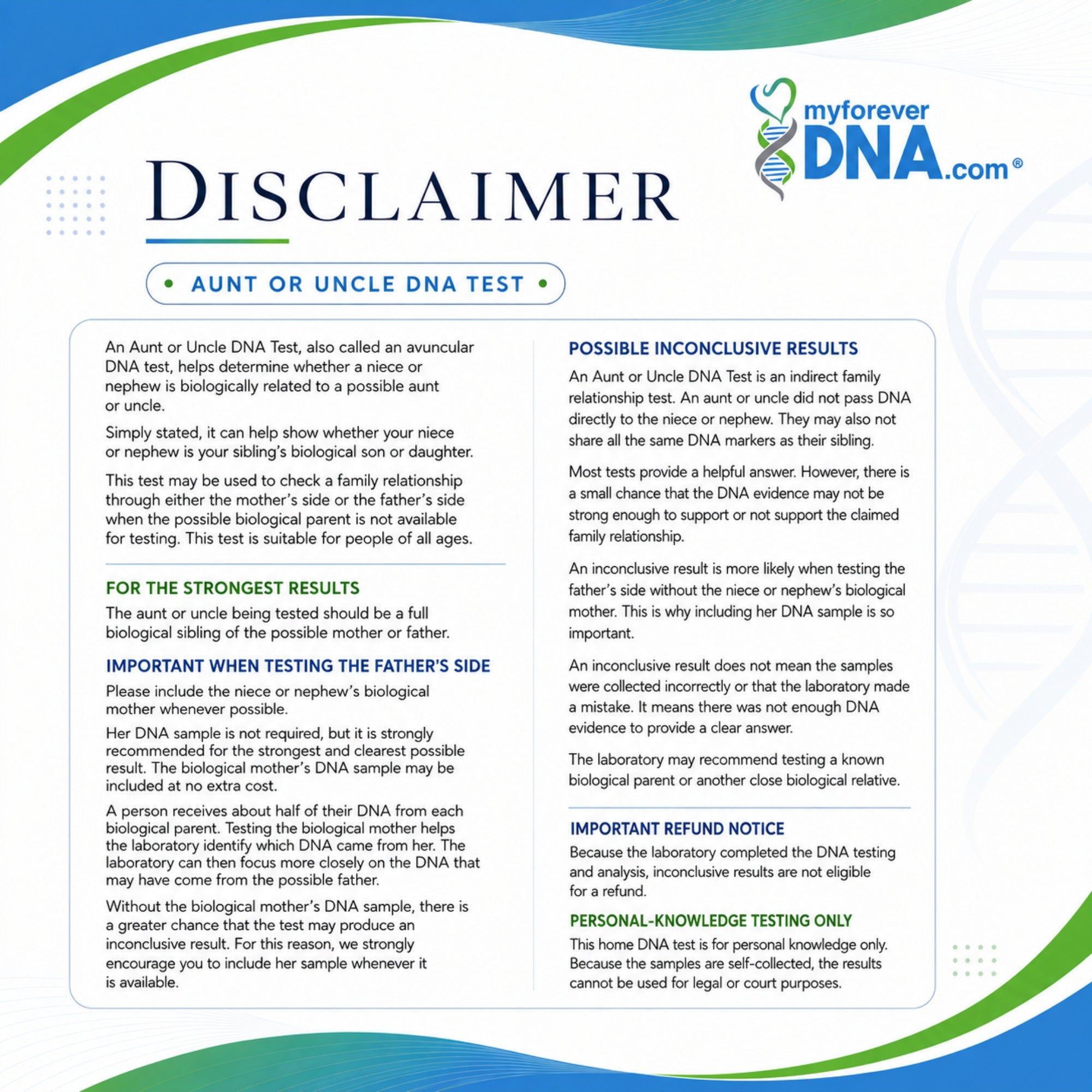 My Forever DNA Aunt or Uncle DNA Test disclaimer explaining mother inclusion, inconclusive results, refunds, and personal-use testing.
