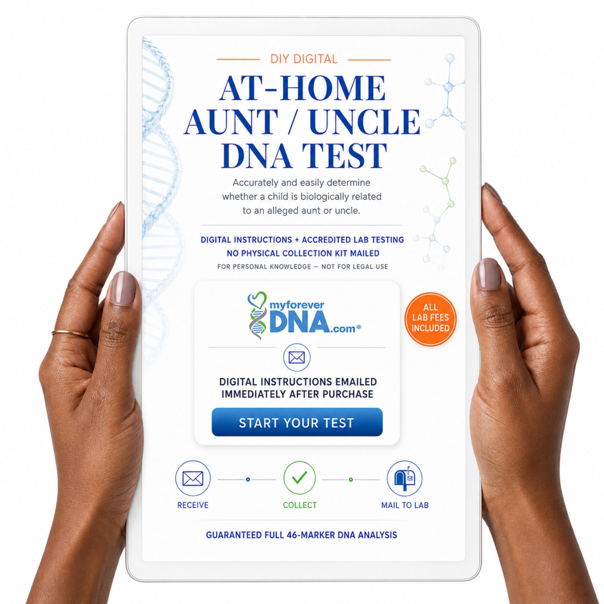 A person's hands holding a white tablet displaying a digital advertisement for a DIY at-home aunt/uncle DNA test. The ad features blue and orange text, DNA graphics, and the My Forever DNA brand logo.