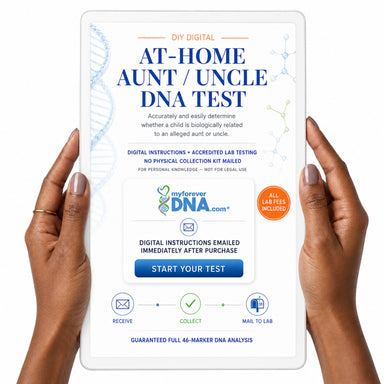 A person's hands holding a white tablet displaying a digital advertisement for a DIY at-home aunt/uncle DNA test. The ad features blue and orange text, DNA graphics, and the My Forever DNA brand logo.