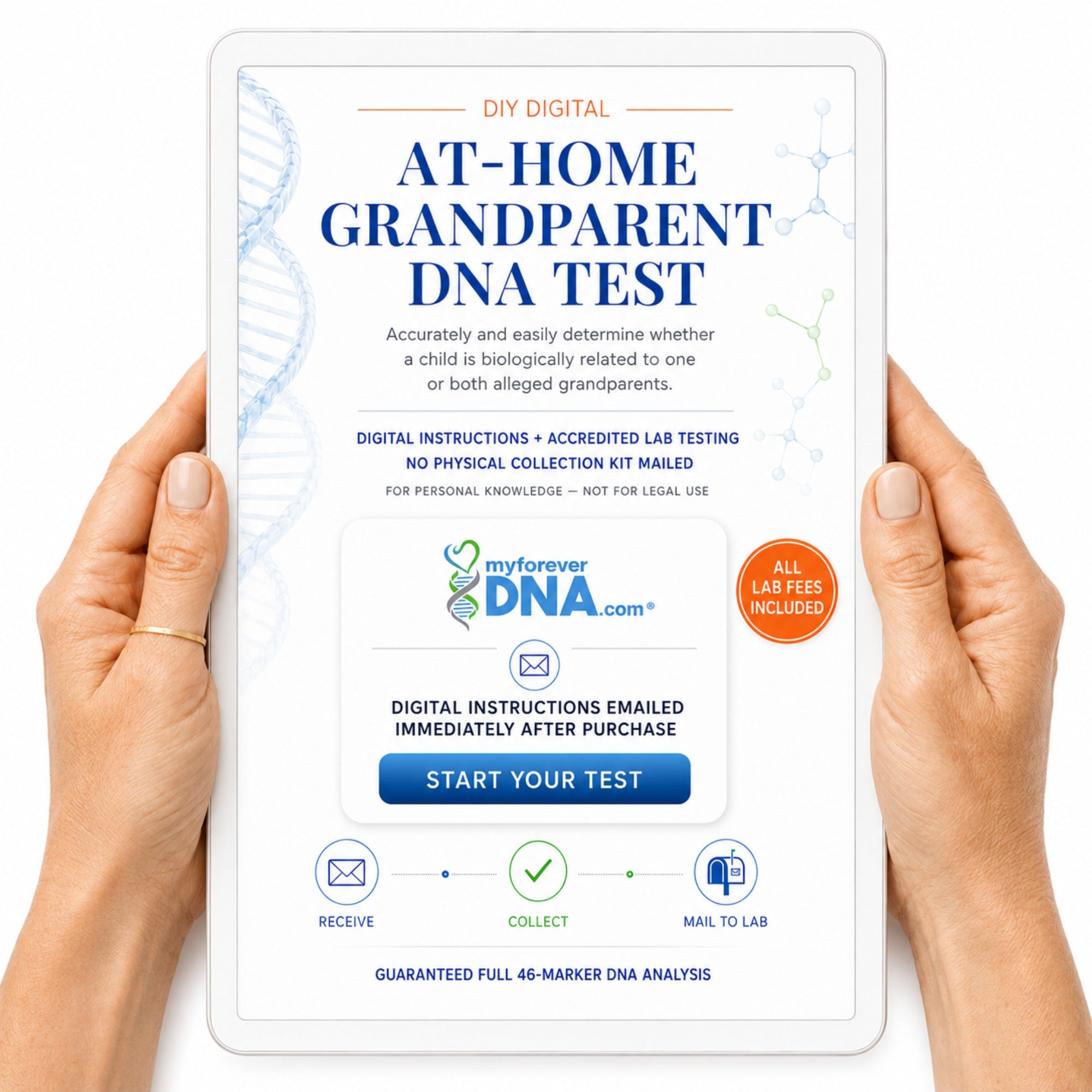 A person's hands holding a white tablet displaying a 'DIY Digital At-Home Grandparent DNA Test' guide. The screen features blue and orange text, DNA graphics, and the brand logo 'myforever DNA.