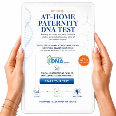A person holds a tablet displaying a 'DIY Digital At-Home Paternity DNA Test' interface. The screen shows the myforeverDNA.