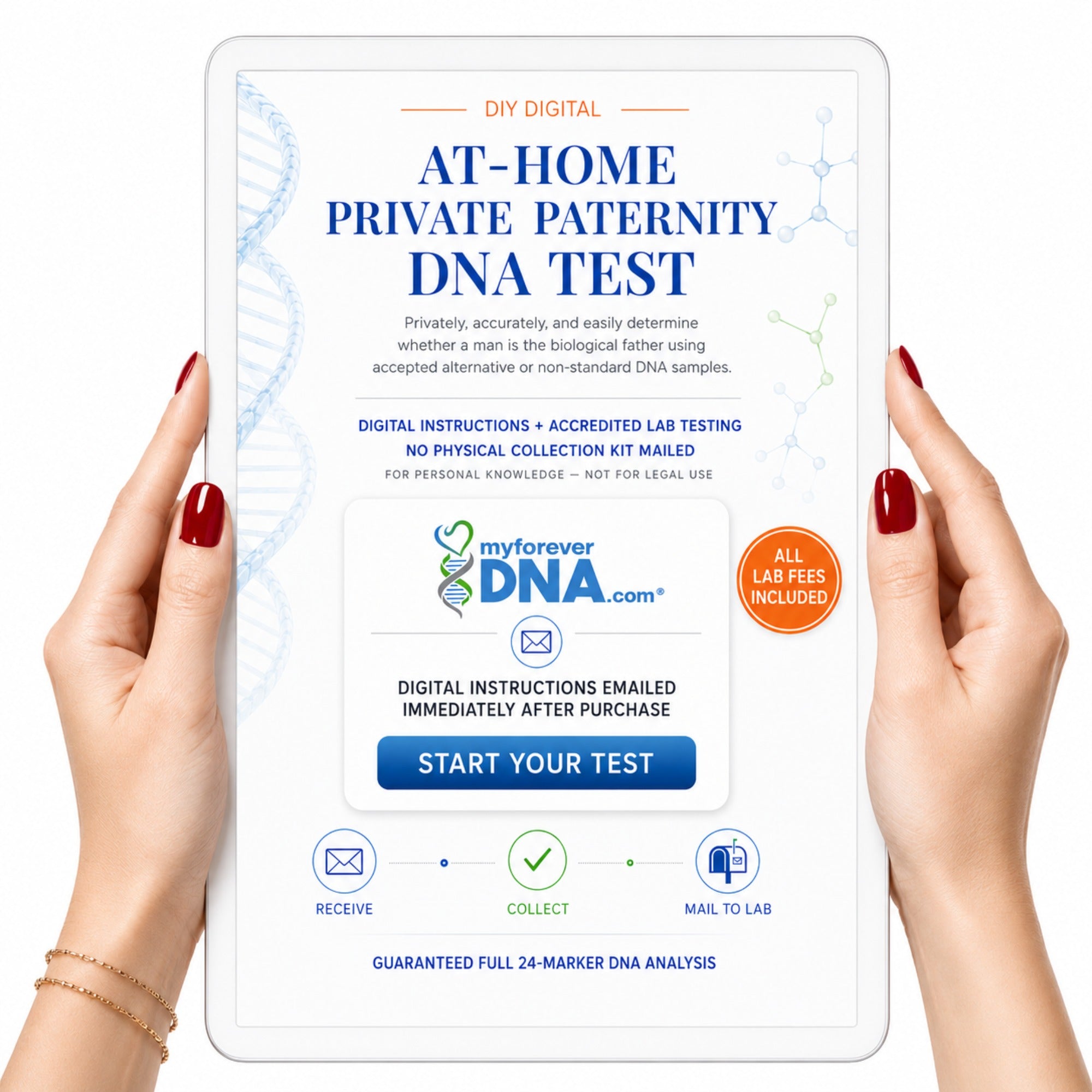 A tablet held by two hands with red nail polish, displaying a digital advertisement for an at-home private paternity DNA test. The ad features blue and orange text, DNA graphics, and the myforeverDNA.