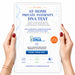 A tablet held by two hands with red nail polish, displaying a digital advertisement for an at-home private paternity DNA test. The ad features blue and orange text, DNA graphics, and the myforeverDNA.