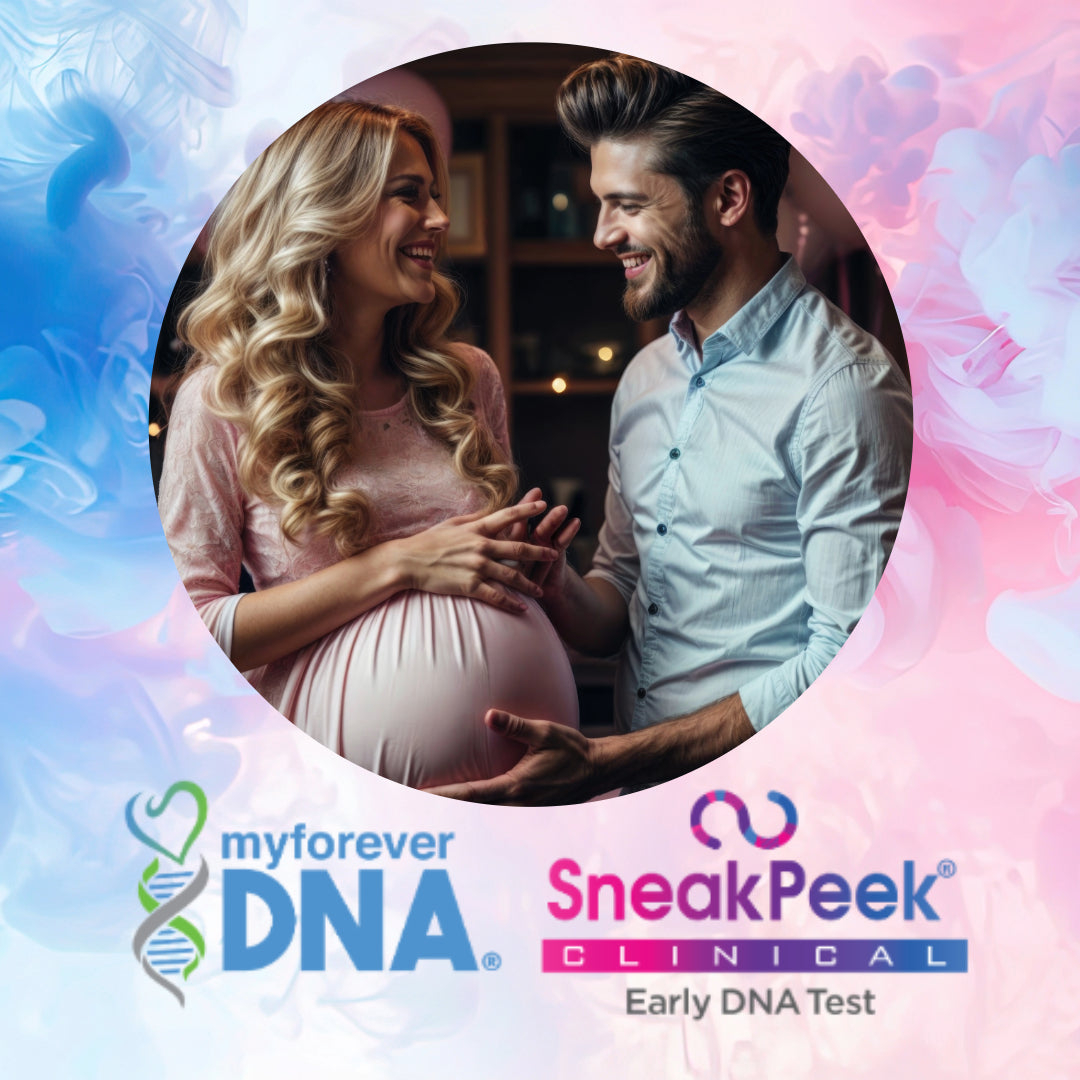 A smiling pregnant woman and her partner share a joyful moment, framed by pink and blue tones. The "My Forever DNA" and "SneakPeek Clinical Early DNA Test" logos appear below, highlighting early gender testing services.