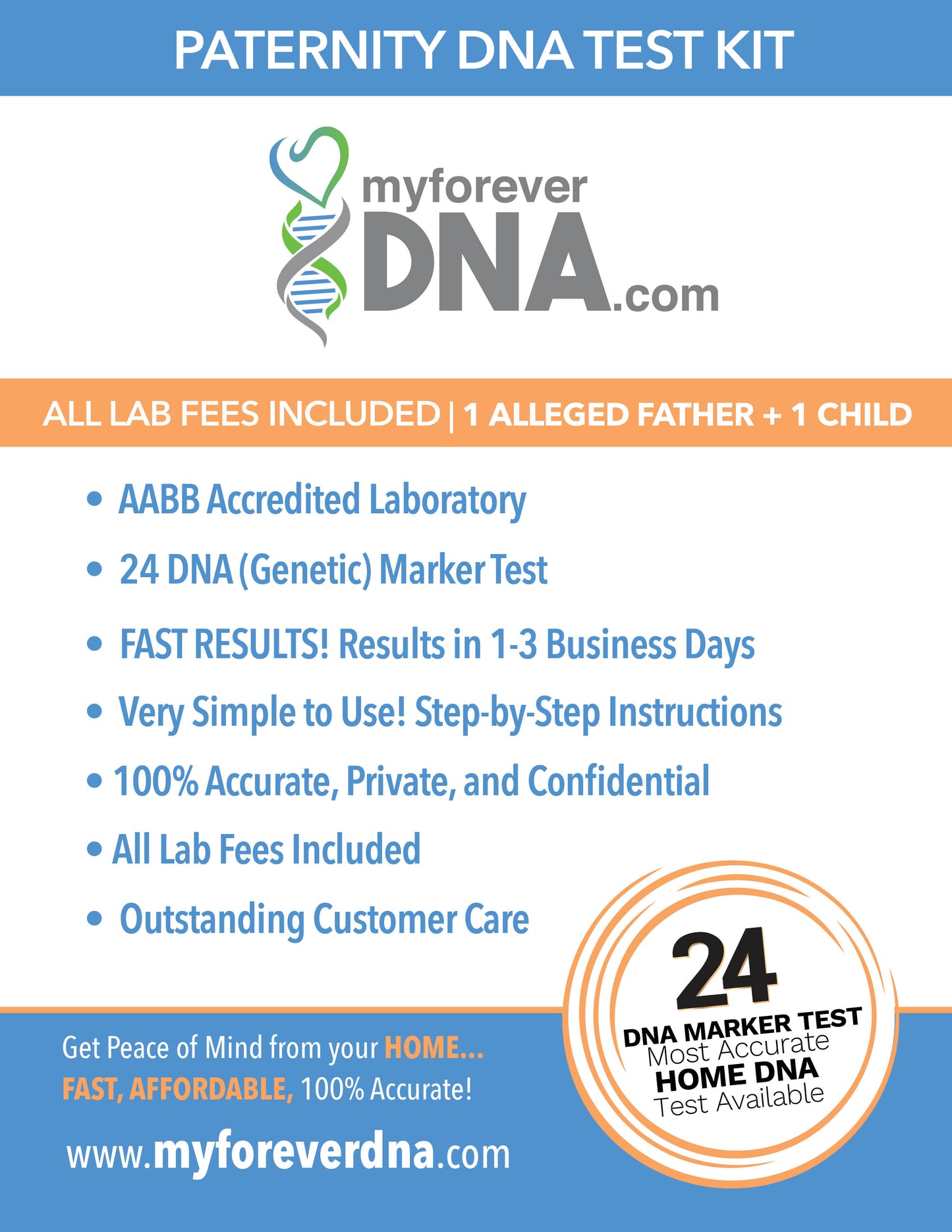 Home Paternity DNA Test Kit , 24 DNA (Genetic) Markers, 100% Accurate & Private, All Lab Fees & FedEx Shipping Included