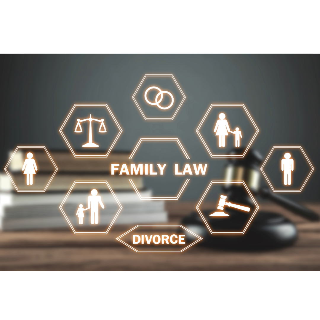 Family law icons with gavel and books, symbolizing court-ordered, AABB accredited DNA testing by My Forever DNA.