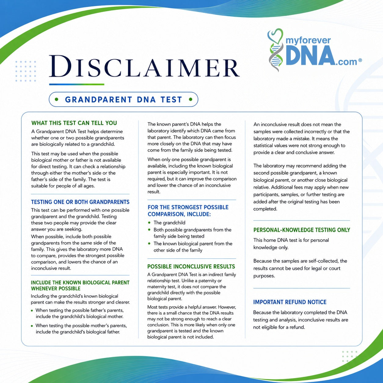 A digital graphic of a 'Disclaimer' card for a 'Grandparent DNA Test' by 'myforever.com'.