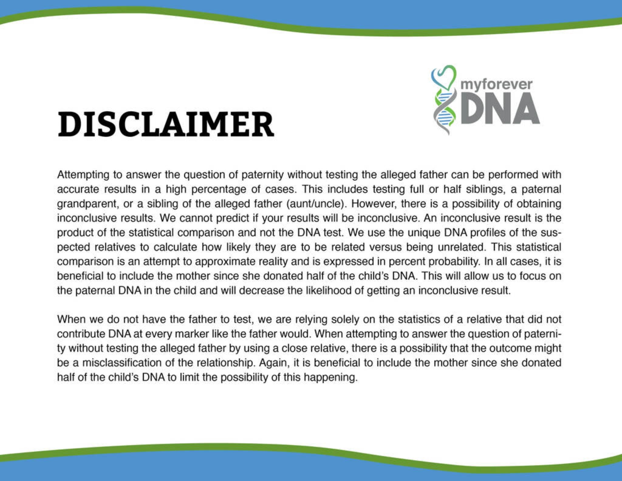 My Forever DNA Disclaimer: Explains testing accuracy for paternity and grandparent DNA tests, highlighting statistical comparisons and key considerations.
