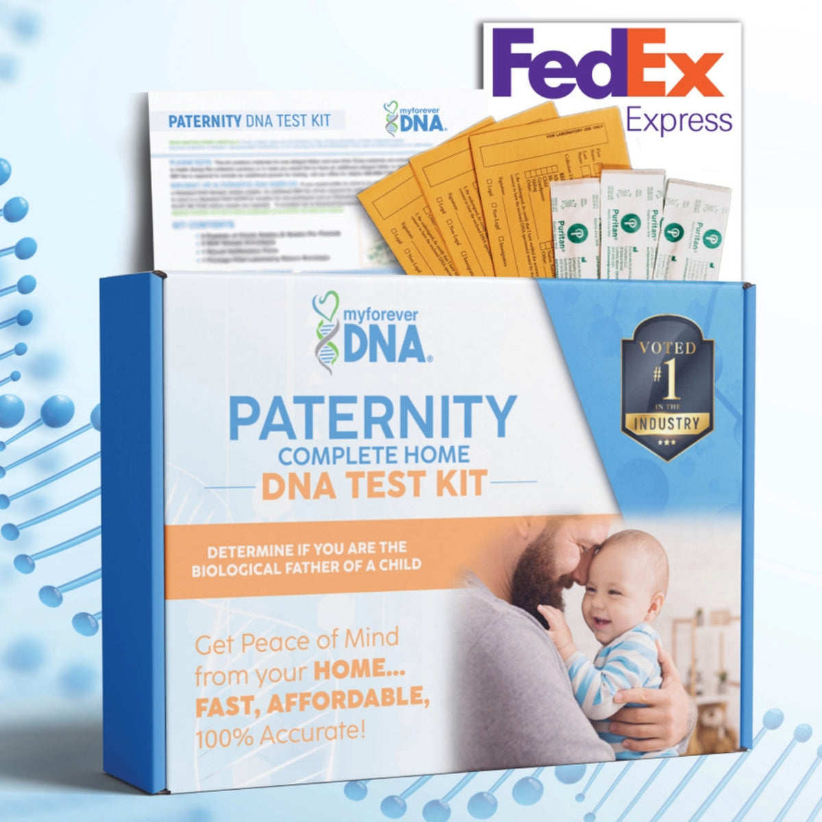 Home Paternity DNA Test Kit with accurate results, FedEx return, cheek swabs, and lab forms for fast testing.