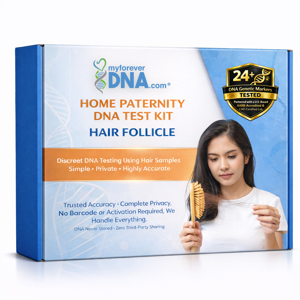 Premium home paternity DNA test kit using hair follicle samples for discreet DNA testing, featuring high accuracy results, 24 DNA genetic markers tested, private and confidential processing with no barcode or activation required, My Forever DNA packaging