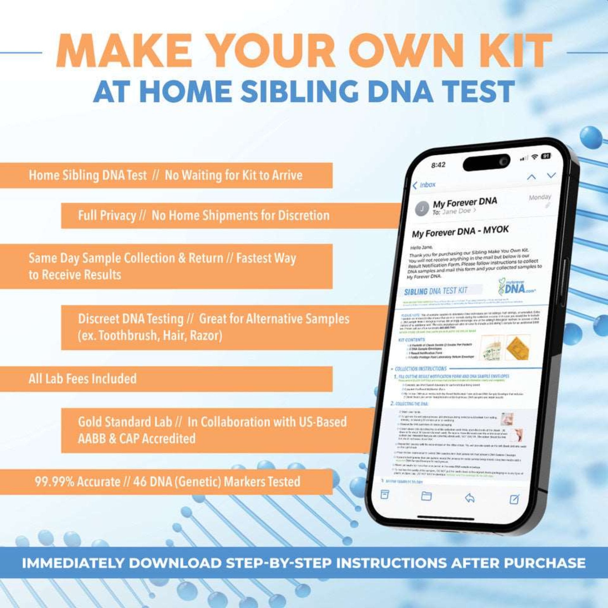 DIY Make-Your-Own At-Home Sibling DNA Test Kit by My Forever DNA: Downloadable, accurate, private, fast results, discreet options, lab fees included, 46 markers tested.