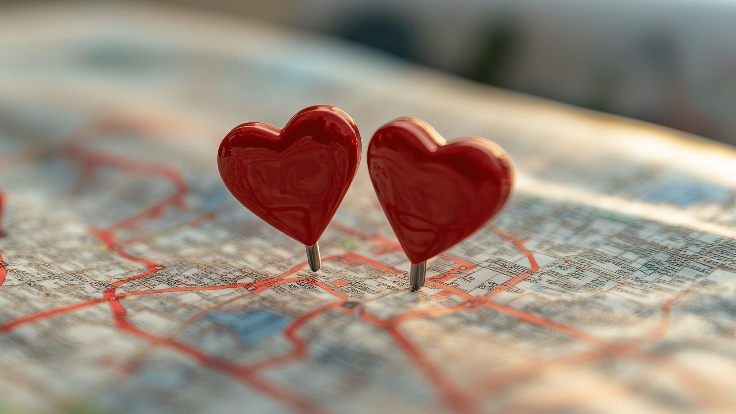Two red heart pins on a map symbolizing home DNA testing for families living in separate or long-distance locations | My Forever DNA