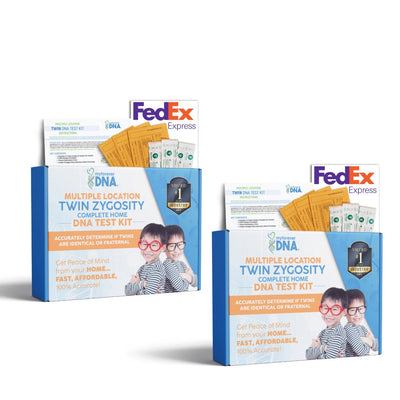 Two DNA test kit boxes with FedEx packaging on a white background