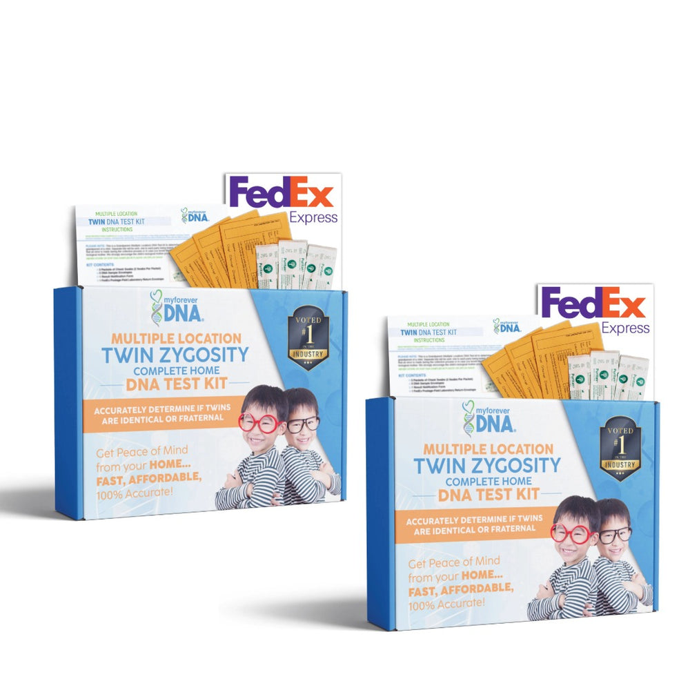 Two DNA test kit boxes with FedEx packaging on a white background