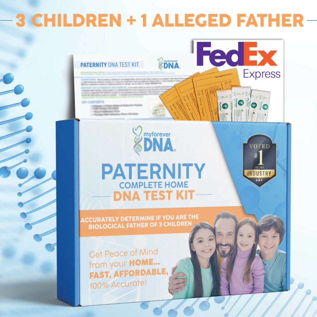 My Forever DNA Paternity Test Kit for 3 children and 1 alleged father: fast, accurate, and affordable DNA testing with FedEx shipping and industry-leading accuracy.