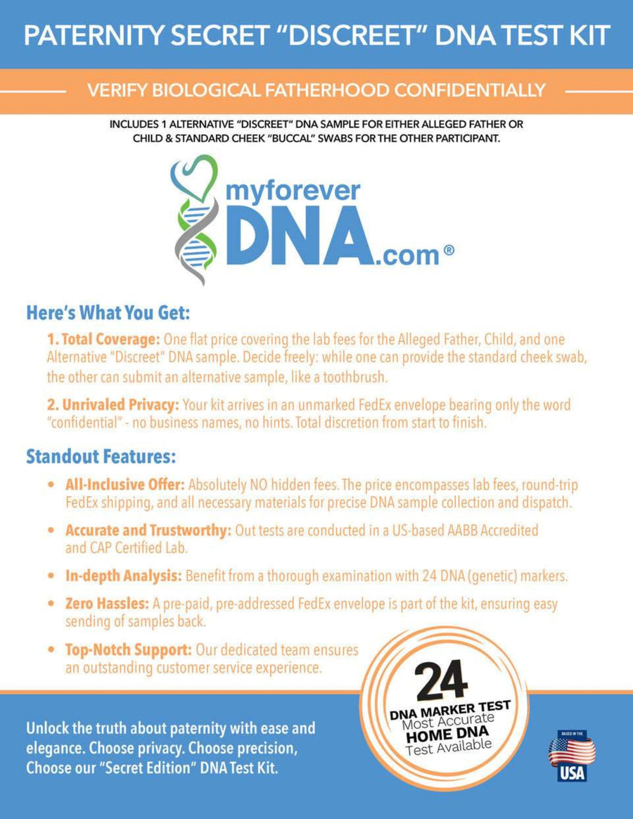 My Forever DNA Paternity Secret DNA Test Kit: discreet testing, flat pricing, no hidden fees, 24 DNA markers, accurate results, and top-notch customer support.