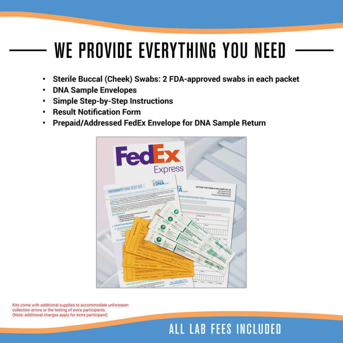 My Forever DNA kit includes FDA-approved cheek swabs, sample envelopes, instructions, result form, and prepaid FedEx envelope with all lab fees included.