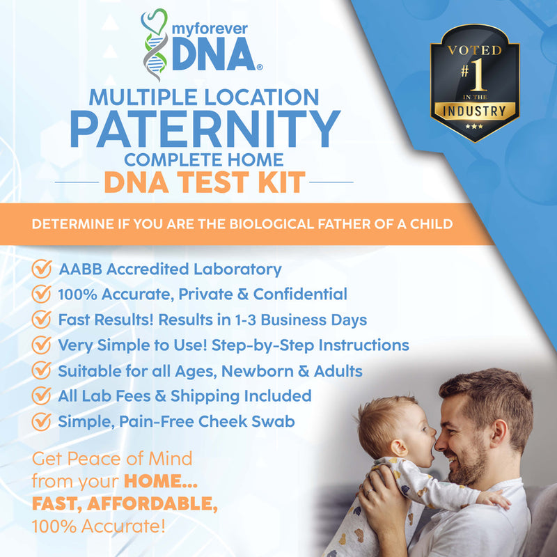 Multiple location paternity DNA test kit by My Forever DNA, offering fast, accurate, and convenient home testing with 2-day FedEx shipping and results in 1-3 days.